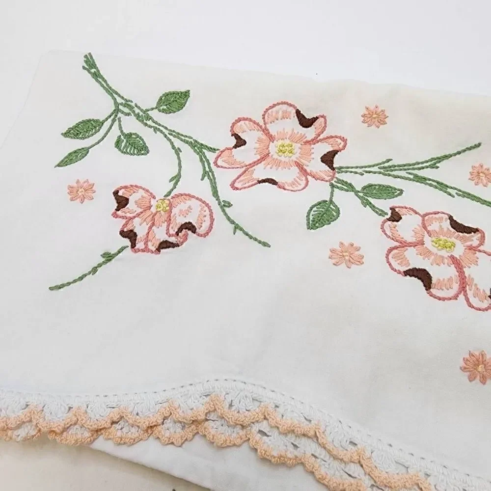 2 Vintage Matching White Pillowcases with Crocheted Edges and Embroidery